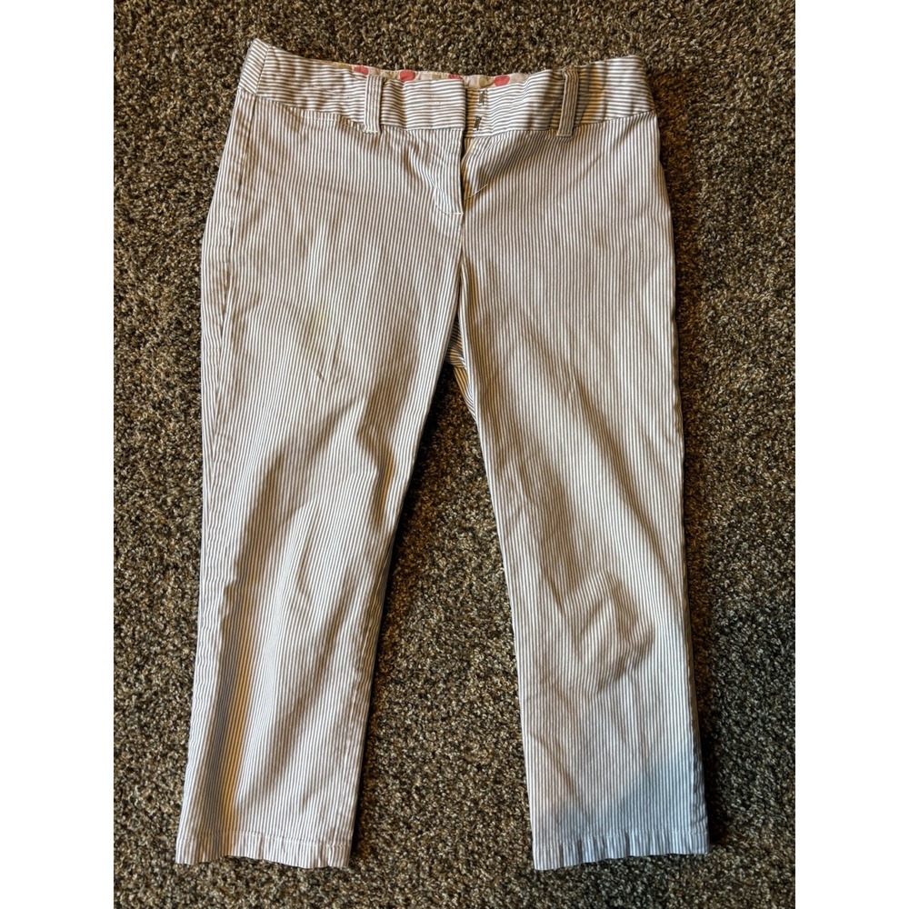 BODEN Striped Seersucker Crop Capri Pants Grey White Ankle Knit  Sz 4R US‎ E6